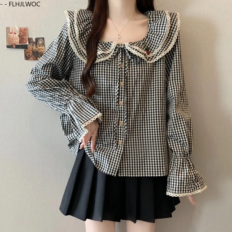Lose Kleidung Peter Pan Kragen Tops Blusen Herbst Frau Flare Langarm Retro Vintage Fliege Tops Casual Nette Plaid Shirts