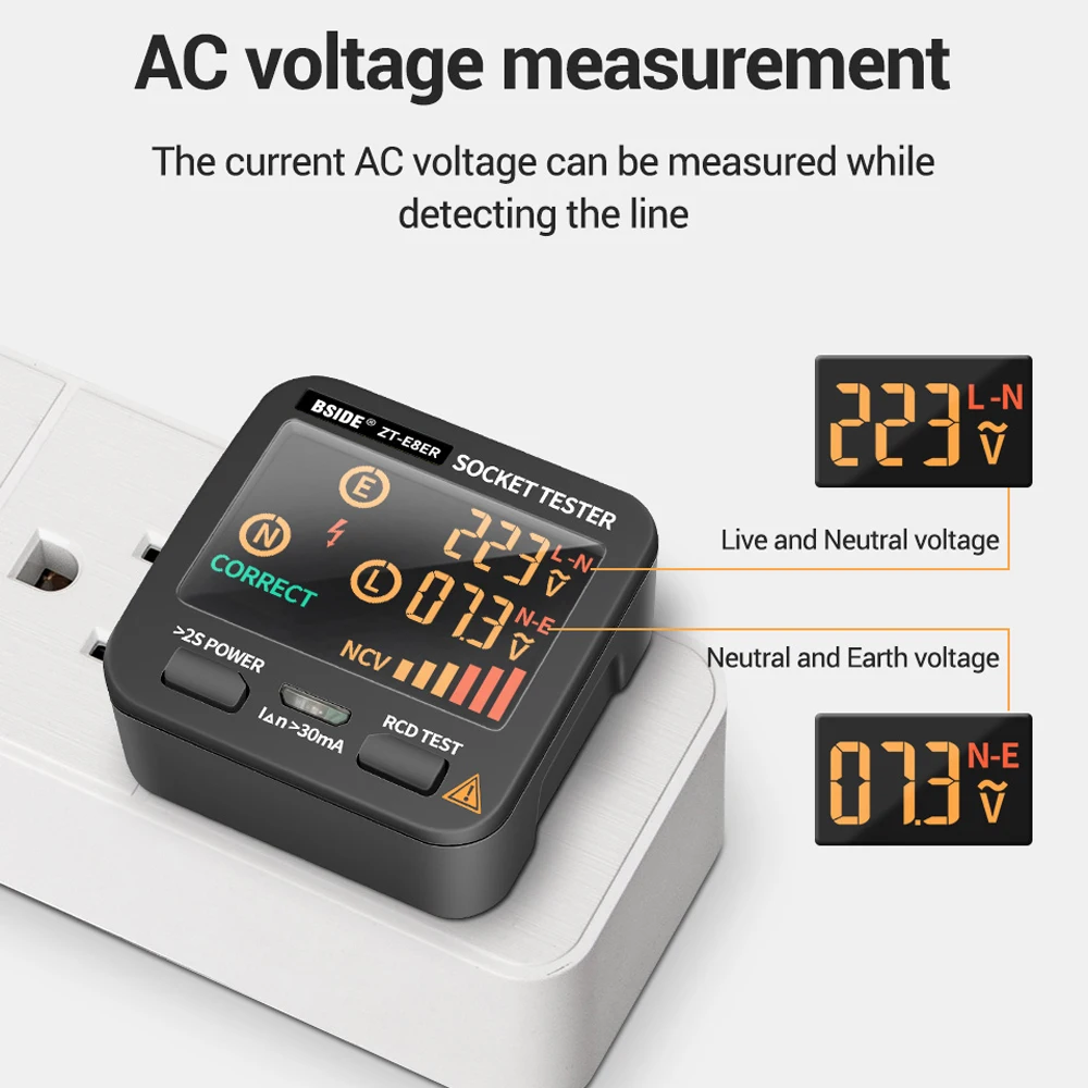 BSIDE Digital Socket Tester Smart Voltage Detector RCD GFCI NCV Test Large display Outlet checker EU US UK Plug Ground Zero Line