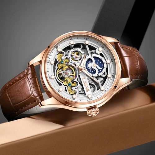 Imagen 2 del producto Reloj mecánico LIGE 2026 de lujo para hombre, reloj luminoso resistente al agua, relojes de fase lunar de cuero de moda para hombre, reloj de regalo para hombre