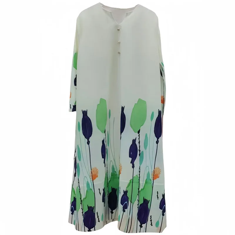 New pleated fashionable flower cross-border plus size minimalist loose flesh blocking and slimming printed dress