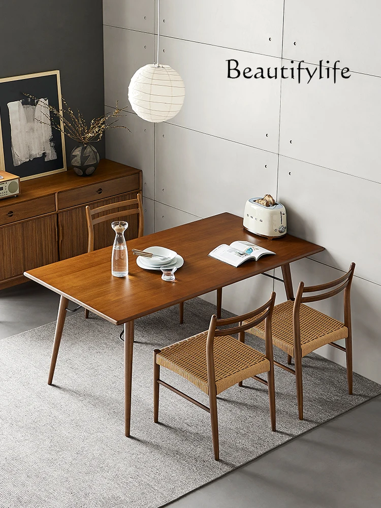 Dining Tables and Chairs Set Nordic Solid Wood Retro Domestic Rectangular Simple Walnut Color