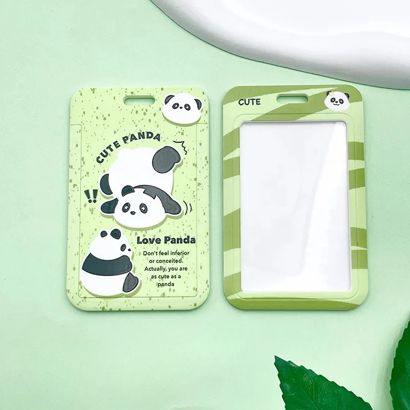 China Cute Cartoon Panda Green Card Cover Easy Push Open Transparency Work ID Student ID Card Waterproof Protective Card Sleeve