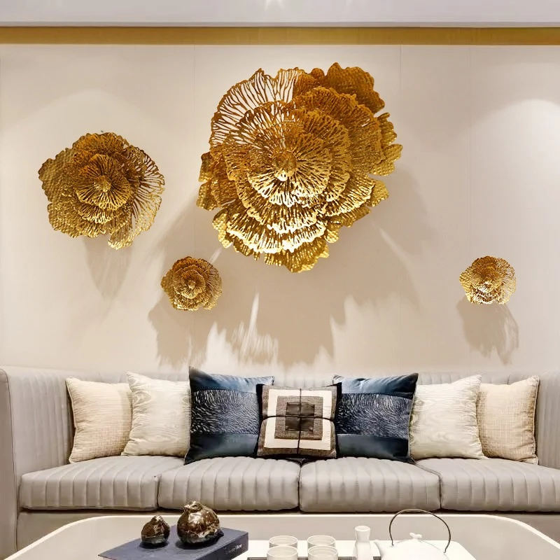 New Chinese wall decoration peony flower three-dimensional wrought iron wall decoration wall pendant creative living room