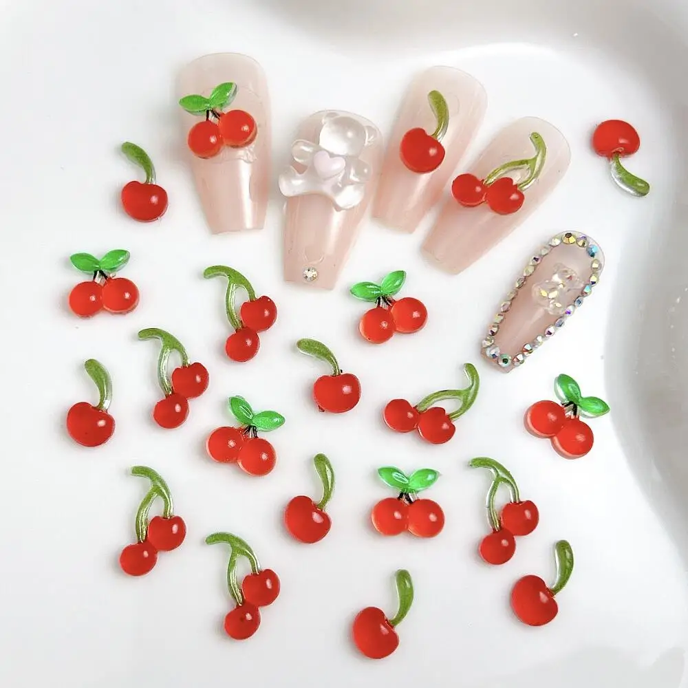 30PCS Kawaii Creative Simulated Cherry Resin Nail Charms 3D Ice Transparent Red Flat Bottomed Cherry Nail Art Decorations DIY