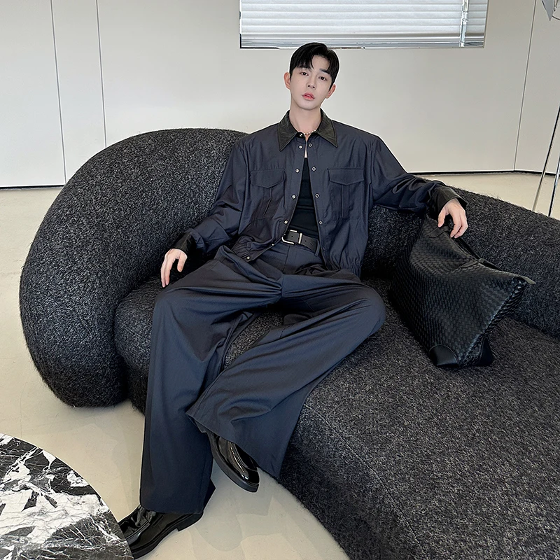 2025 Autumn Men Casual Two Piece Set Short Lapel cargo Jacket Large Pockets Snap Buttons Loose Straight Leg Pleated Waist Pants