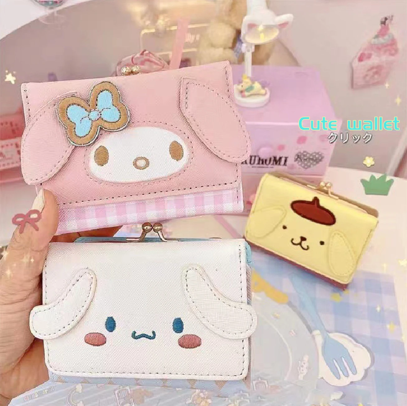 Cartera de Hello Kitty Kawaii Sanrio para niñas, Mymelody Cinnamoroll Kuromi, cartera con cremallera, bolso de PU, tarjetero, monedero plegable