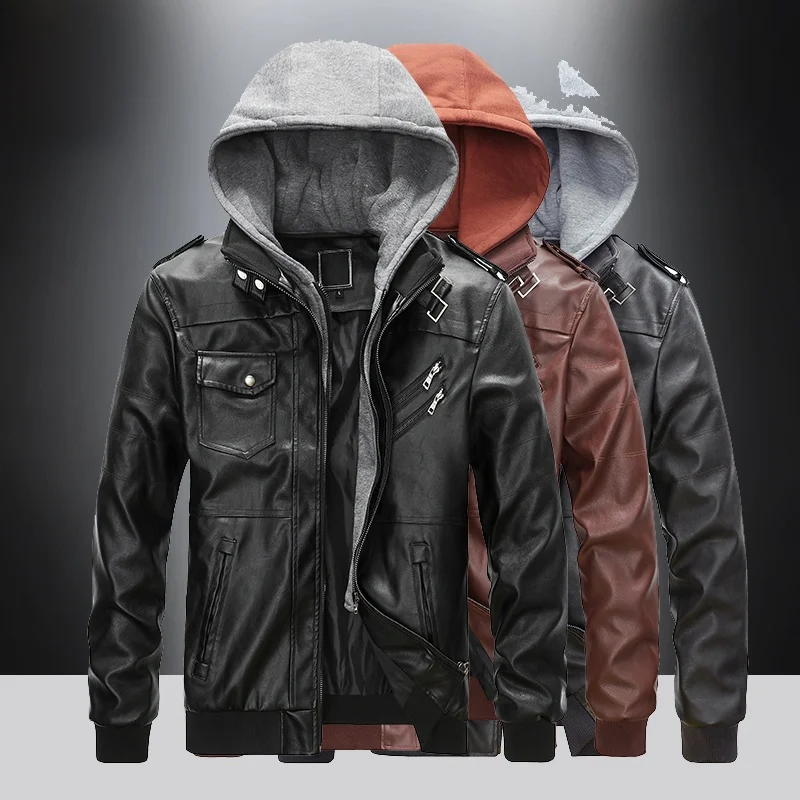 

Cool Winter Men's Biker Leather Jaet Loose Casual PU Leather Hooded Jaet Youthful Sle Zipper Closure Faionable Coat
