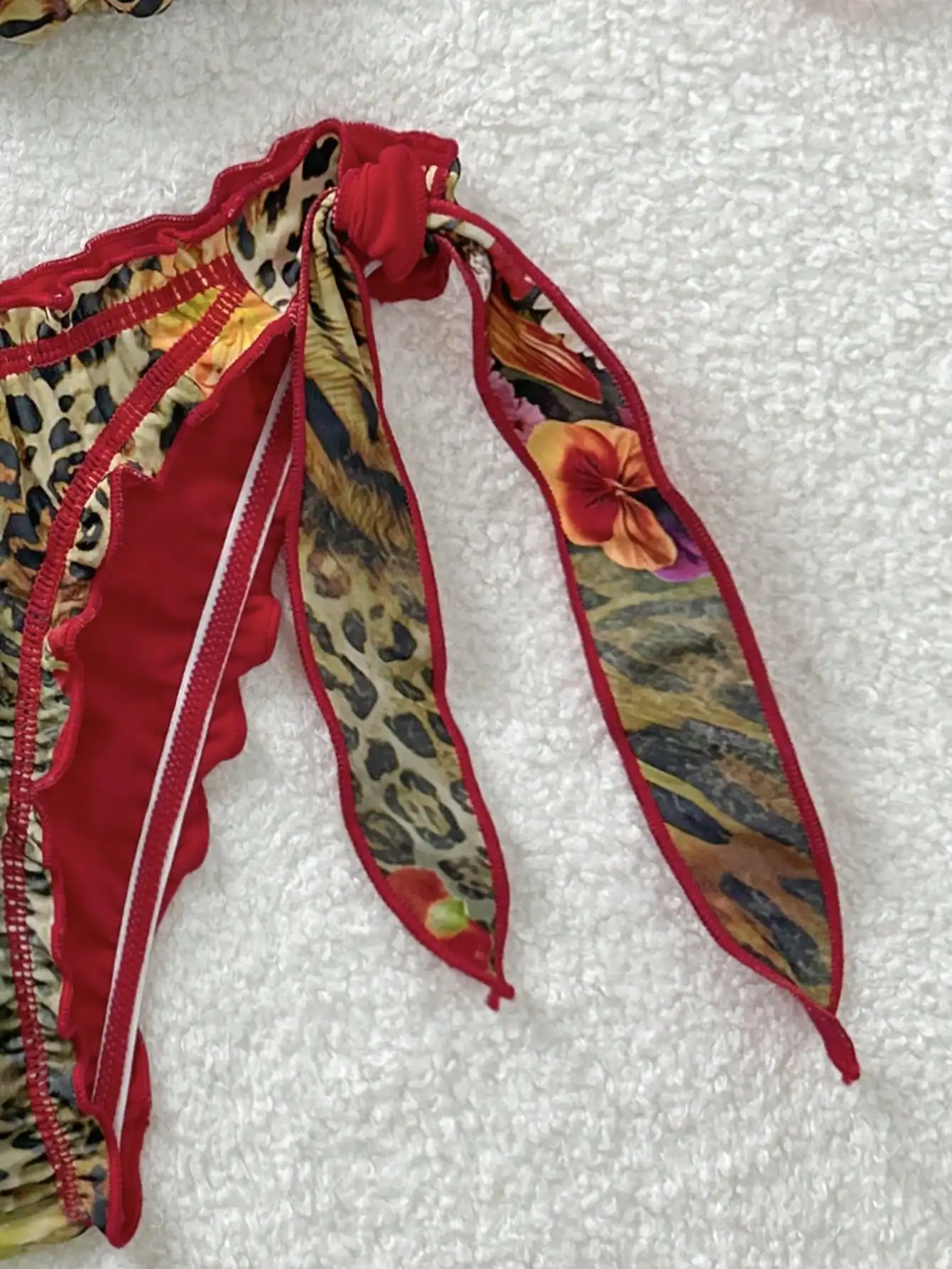 

Vintage Leopard Zebra Floral Print Ruffle Tie-Up Halter Tasseled Bikini Set