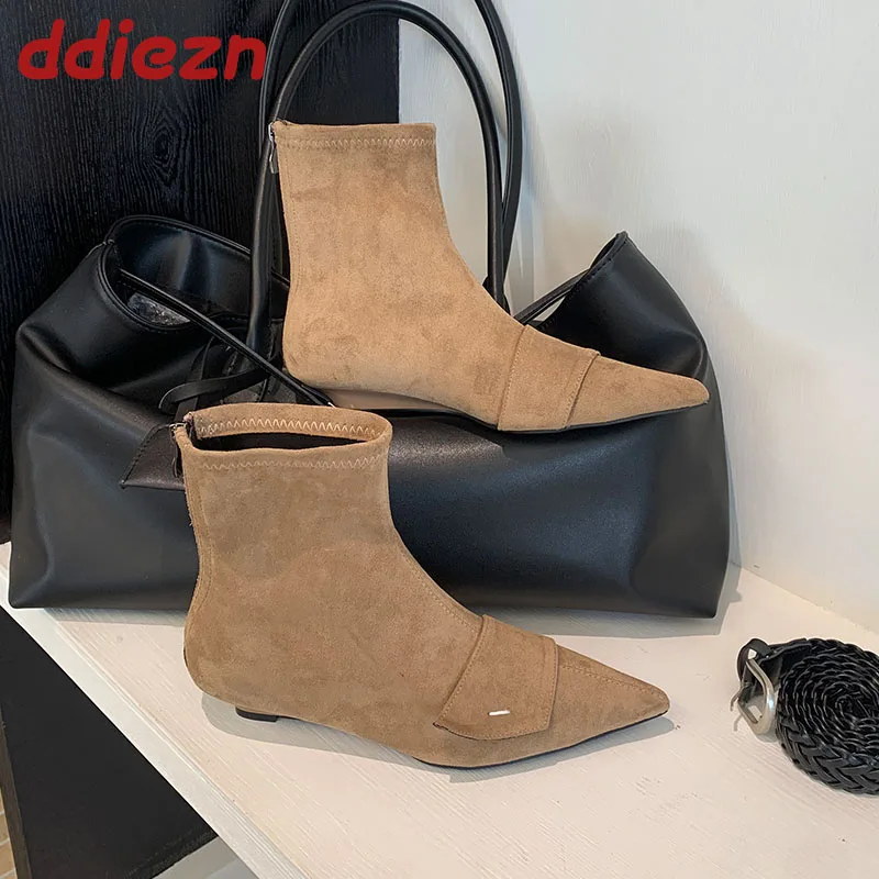 

Женские модные женские короткие ботинки с острым носком, женская обувь на низком каблуке, зимнее платье, женские эластичные ботильоны на молнии, обувь