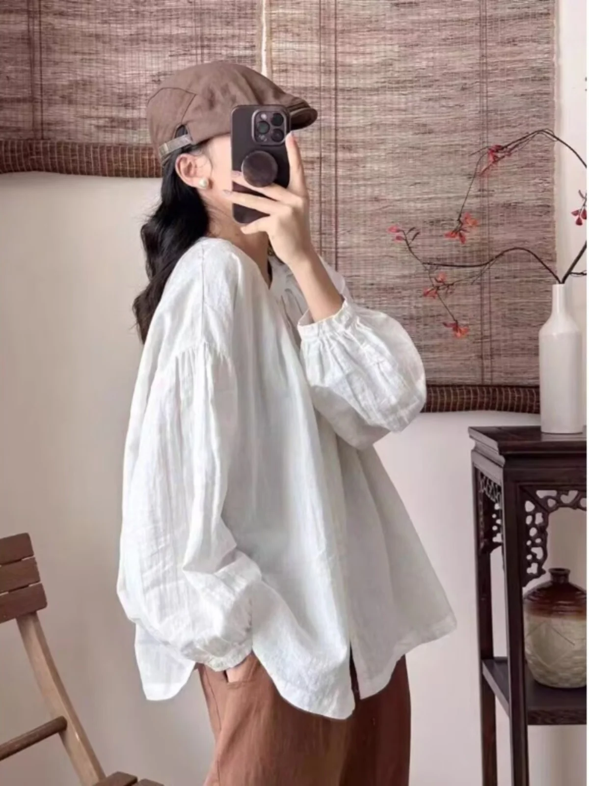 فقاعة من القطن والكتان الأبيض Sve irt تصميم علوي للسيدات ربيع جديد Faion طويل Sve irt تخفيض العمر #3