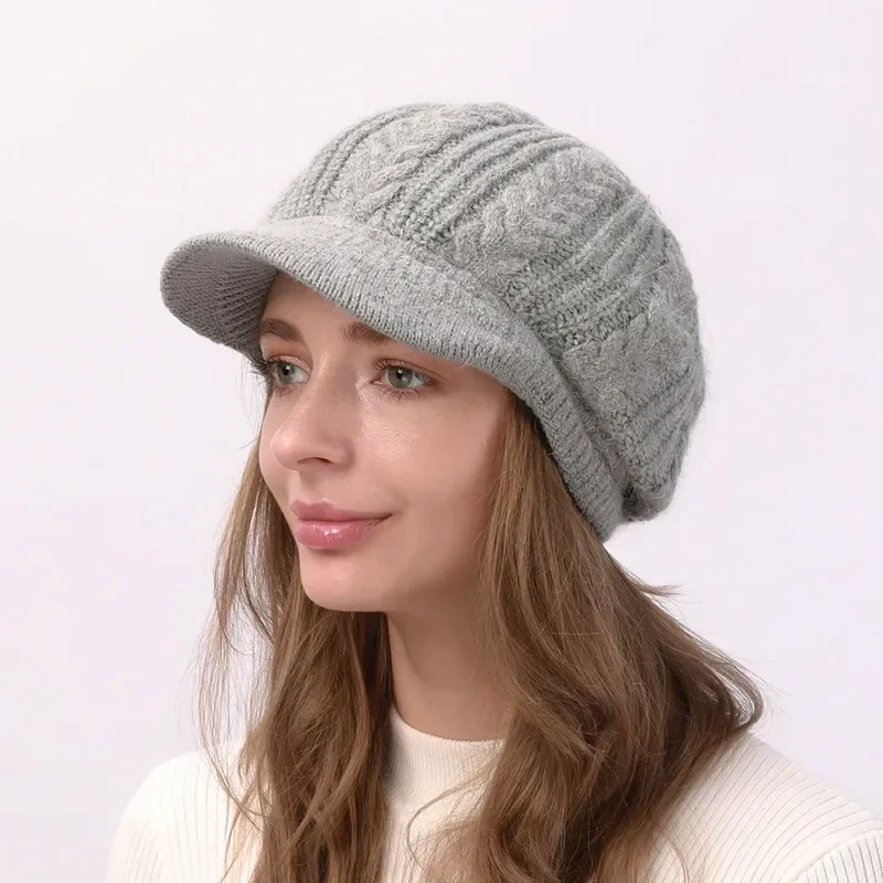 High Quality Wool Women Winter Warm Slouchy Cable Knit Beanie Skull Beret Hat with Visor Outdoor Thicken Lady Bonnet Gorros