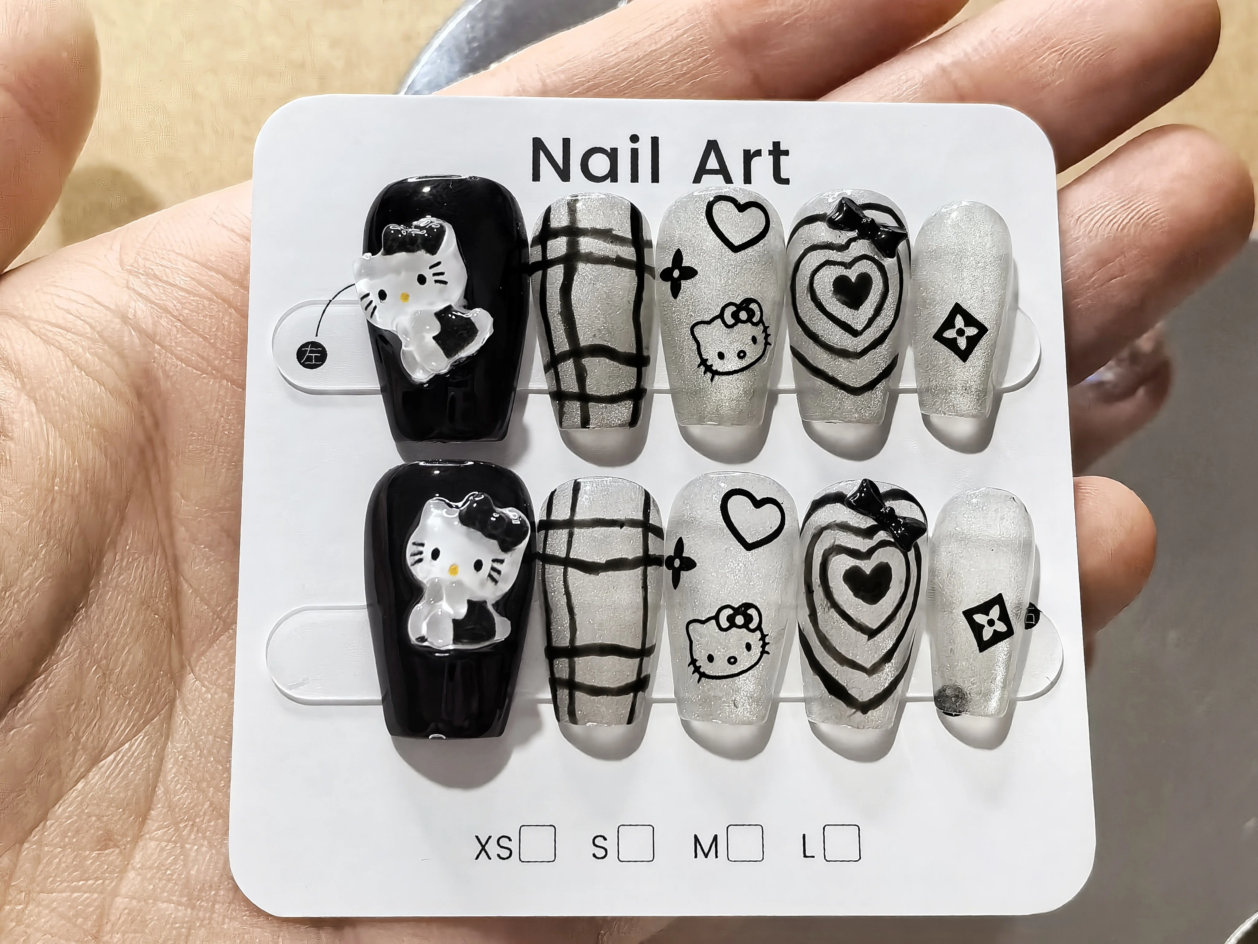 

Black Pressing Acrylic Nails Hellokity Cute Stickers Handmade Nails French Design Wearable Full Coffin Nail Art