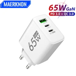 GaN Carregador USB Tipo C, Adaptador de Telefone, Carregamento Rápido 3.0, 3 Portas, Carregador Rápido de Parede, iPhone 15, 14, Samsung, Xiaomi, PD, 65W