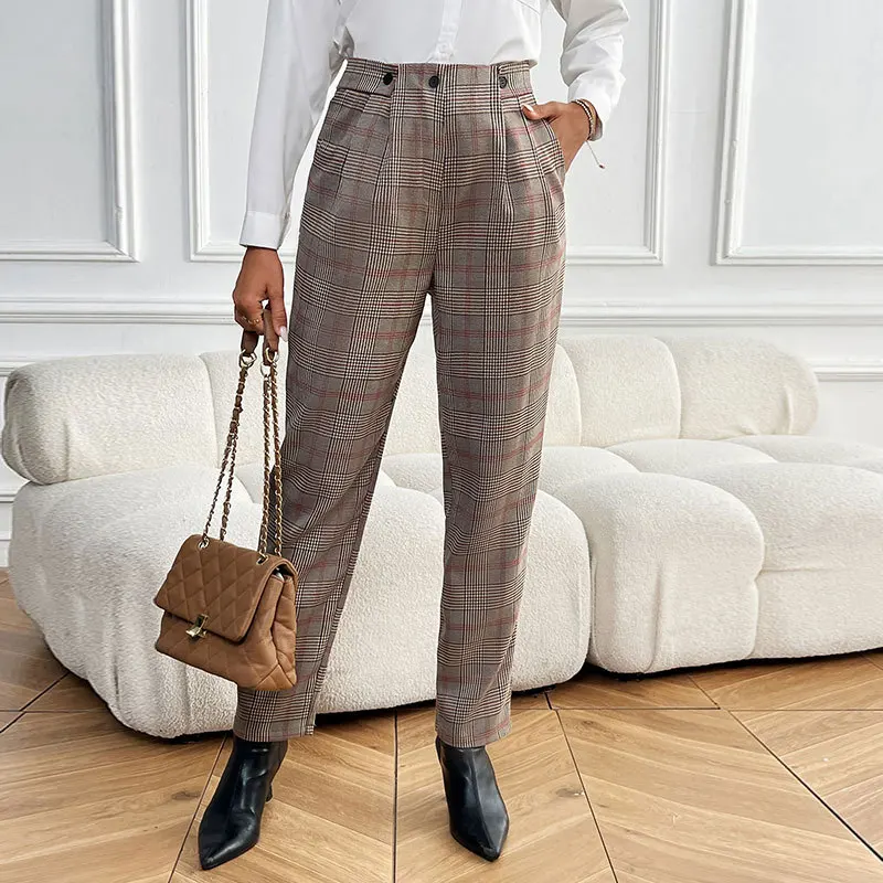 Women Plaid Pants Casual Commuting Retro Style Houndstooth Pants Female Straight Slim Fit Trousers Ladies Office Work Wear