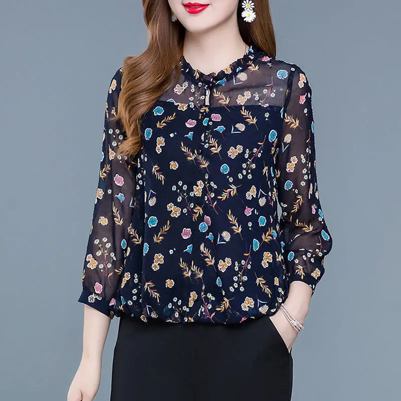 Blusa de chifón Floral de gran tamaño con volantes estampados Vintage ropa de mujer 2022 otoño nuevos jerséis informales sueltos camisa que combina con todo