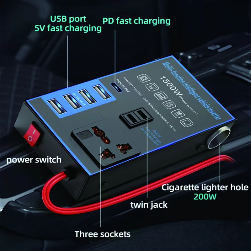 1500W Car Power Inverter 12V 24V To 220V Mobile Phone USB Charging Truck Home Socket Auto Charger Converter Adapter