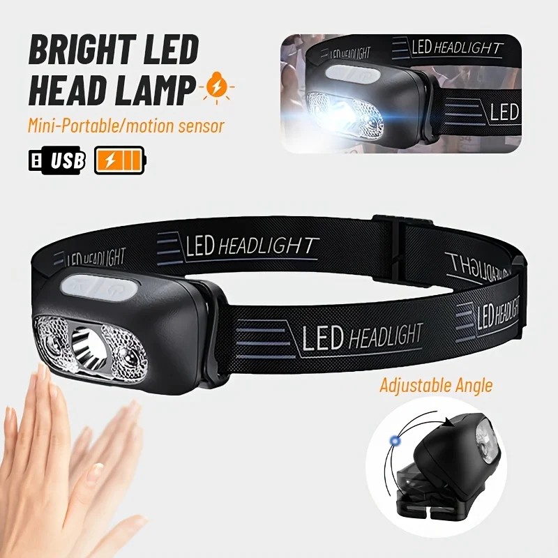 Rechargeable LED Head Torch, 3 Lighting Modes & Adjustable Headlamp, Portable ABS Work Light for Camping Hiking Fishing Running
