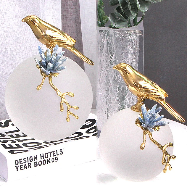 Modern Golden Bird Stand On Frosted Crystal Ball Figurines Home Crafts Living Room Decor Objects Office Brass Accessories Gifts