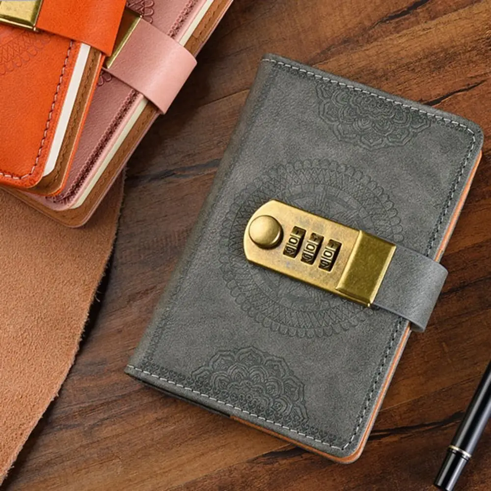 Line A7 Notebook with Lock 200 Pages PU Cover PU Notebook with Lock Horizontal Line Student Diary Office Notebook