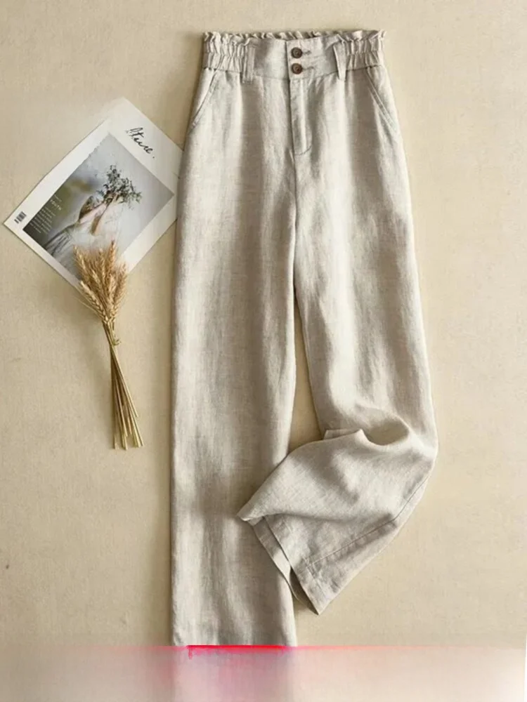 

Женские брюки с высокой талией и широкими штанинами из хлопка и льна, прямого кроя, летние повседневные брюки, простые, но не без изюминок, с цветочным дизайном на талии