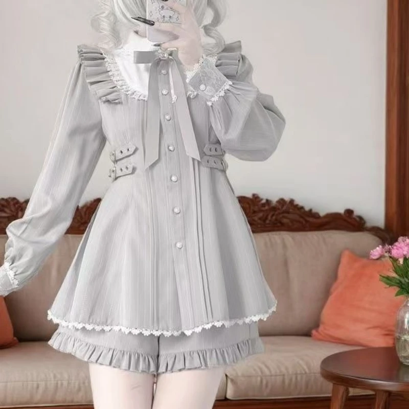 Japanese Sweet Lolita Style Dress Set Women Retro Elegant Ruffles Bow Long Sleeve Button Shirt Dresses Y2k Slim Party Mini Dress