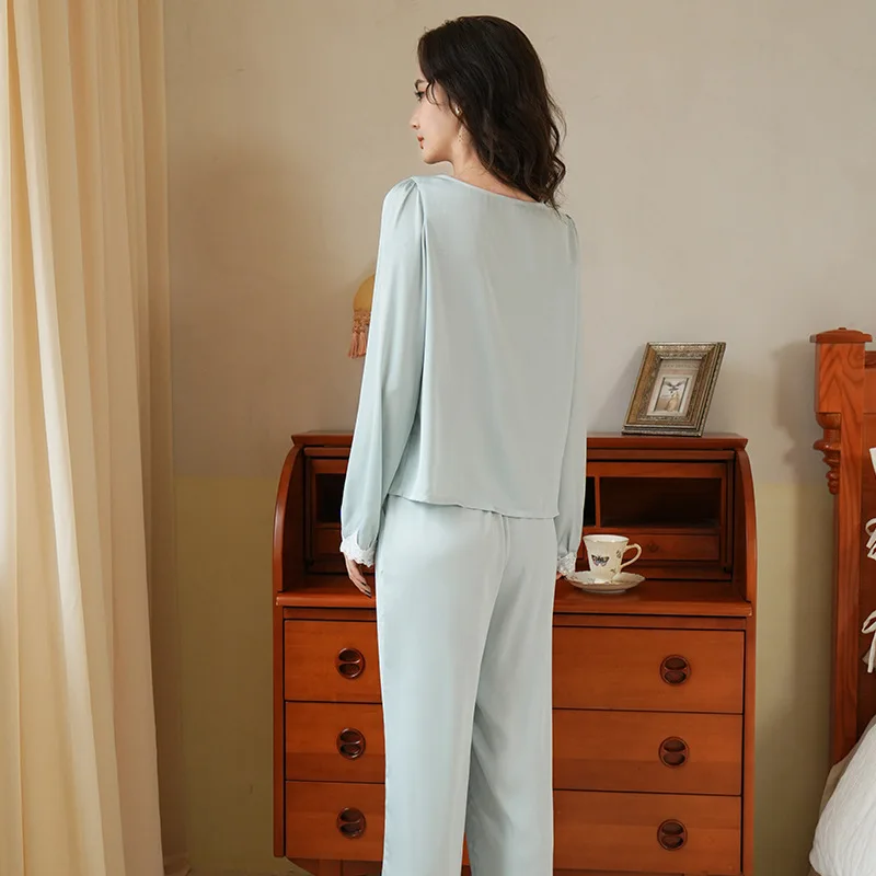 French Style Loose Two-Pieces Silk Nightwear Lace Round Neck Full Sleeves Pajamas For Women Simple Cardigan Long Pants Sleepwear