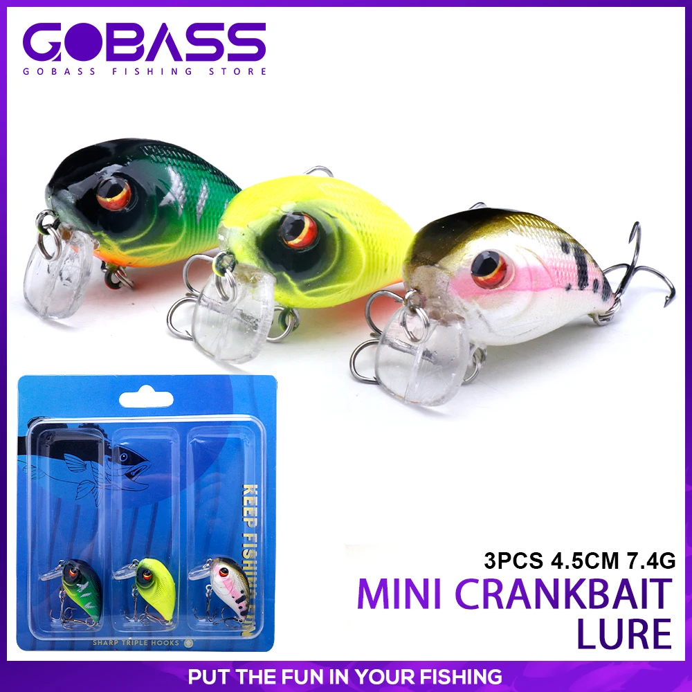 GOBASS 3pcs Mini Crankbait Fishing Lures Set 45mm 7g Floating Crank Wobbler for Pike Trolling Rattling Bait Bass Perch Tackle