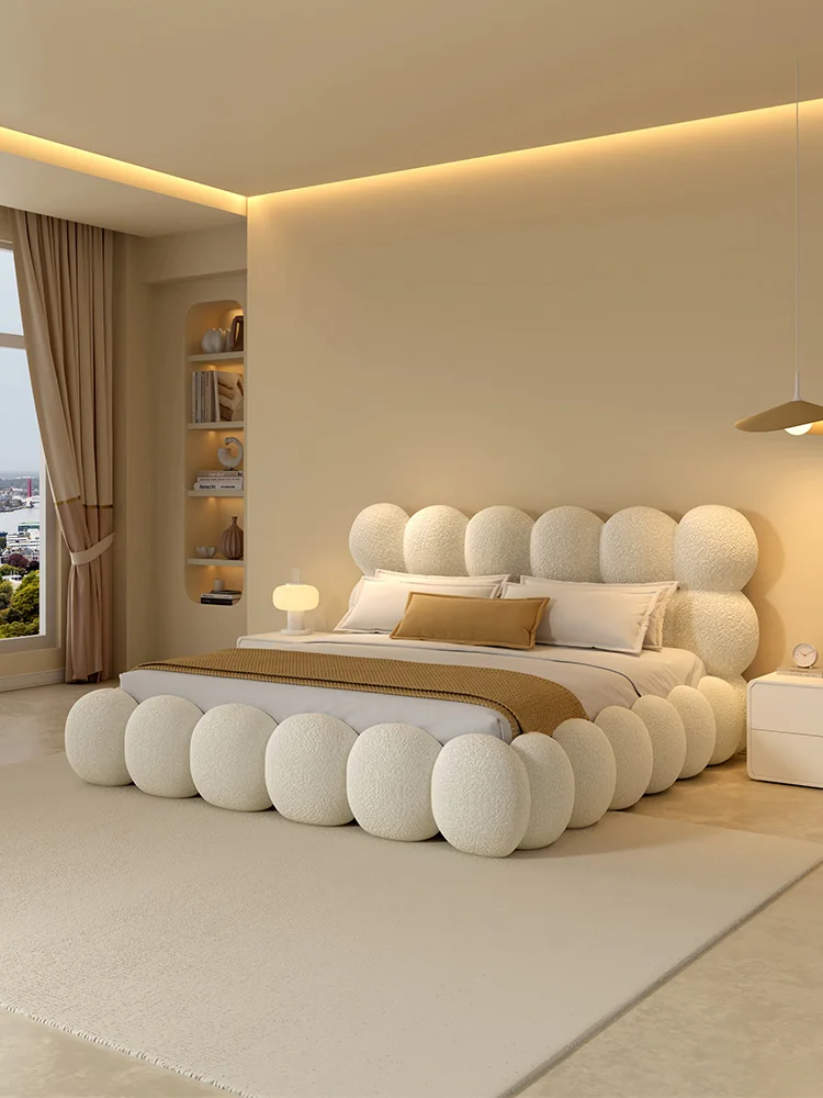 

French cream wind bubble bed master bedroom lamb wool fabric soft bag bed girls bedroom Internet celebrity bed high sense