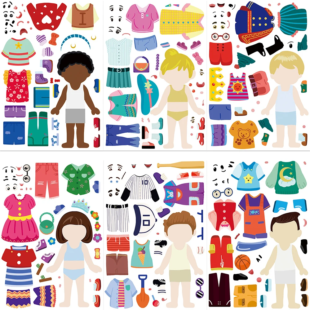 8/16/24/32Sheets Children's Dress Up Puzzle Stickers Cute Cartoon Gift of Festival Reward Art Craft Party Favors School Puzzle D