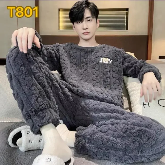 Winter Men's Crew Neck Pullover Thickened Flannel Plush Jacquard Cartoon Young Men Warm Coral Fleece Pajama Set Home Wear Male