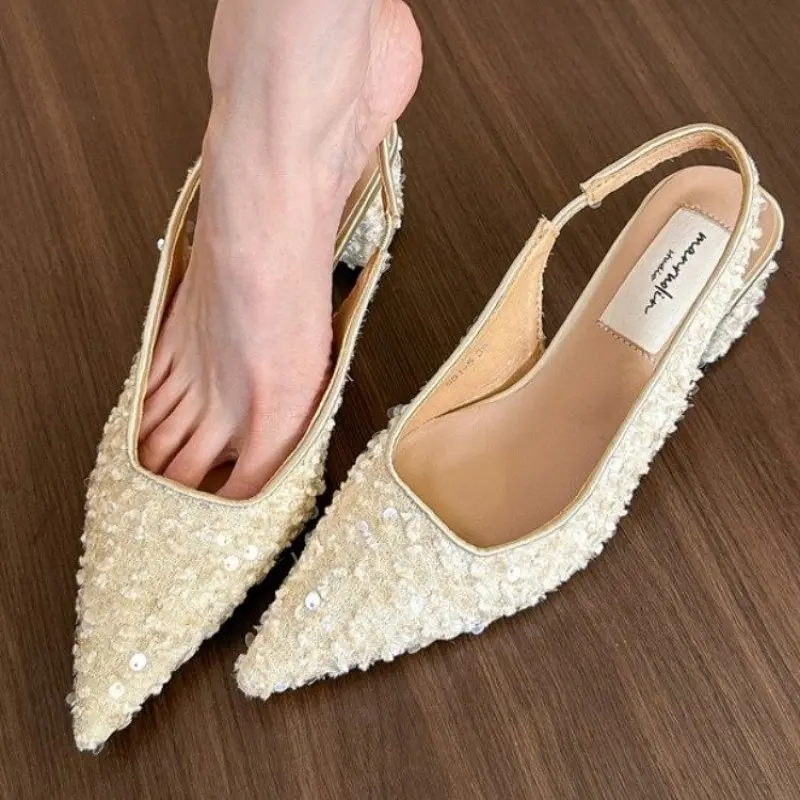 

2024 New Bling Women Sandal Fashion Pointed Toe Shallow Slip On Ladies Elegant Slingback Shoes Med Heel Pumps Summer Shoes