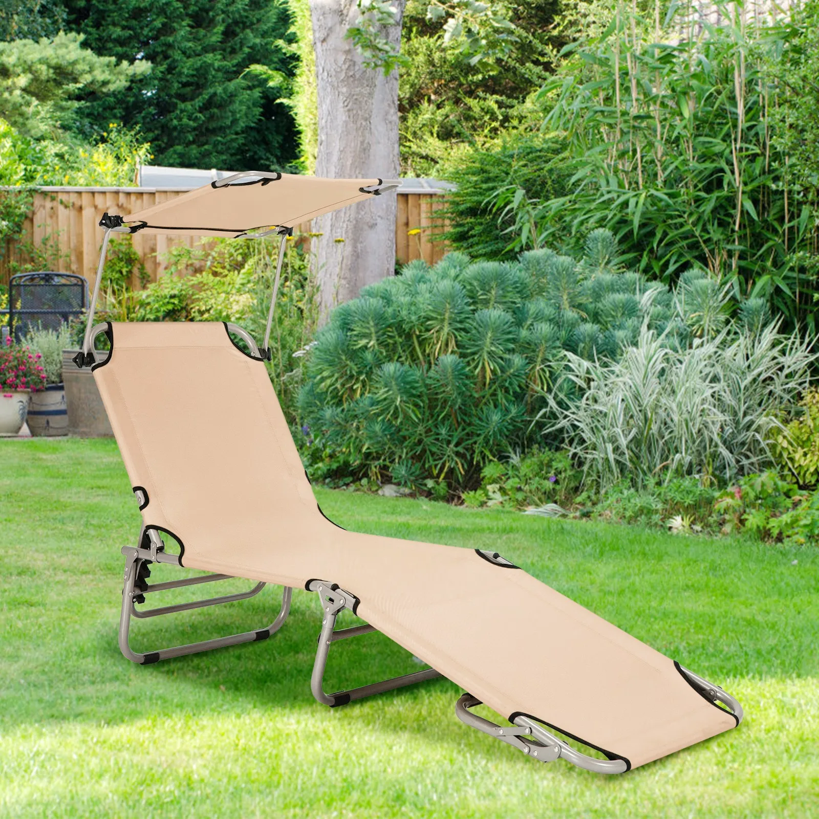 

Foldable Lounge Chair Adjustable Outdoor Beach Patio Pool Recliner W/ Sun Shade