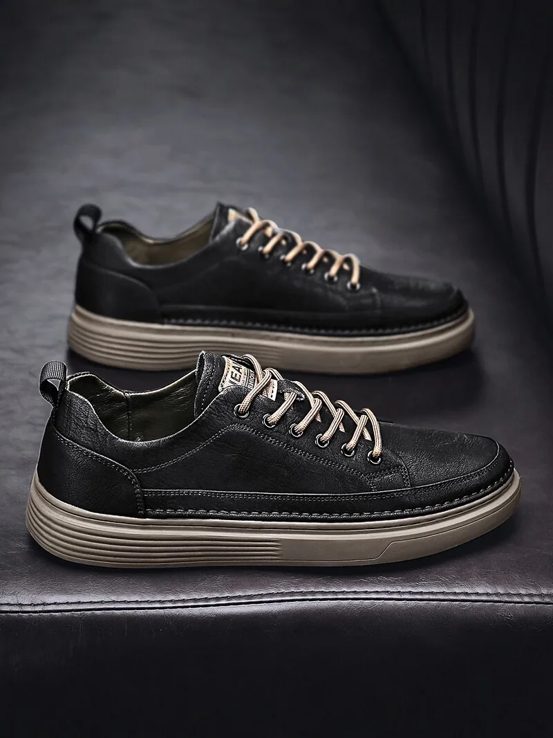 Men's Casual Work Shoes 2026 New Autumn Business Black Leather Anti-slip Fashionable All-match Board Shoes round Toe Thick Heel