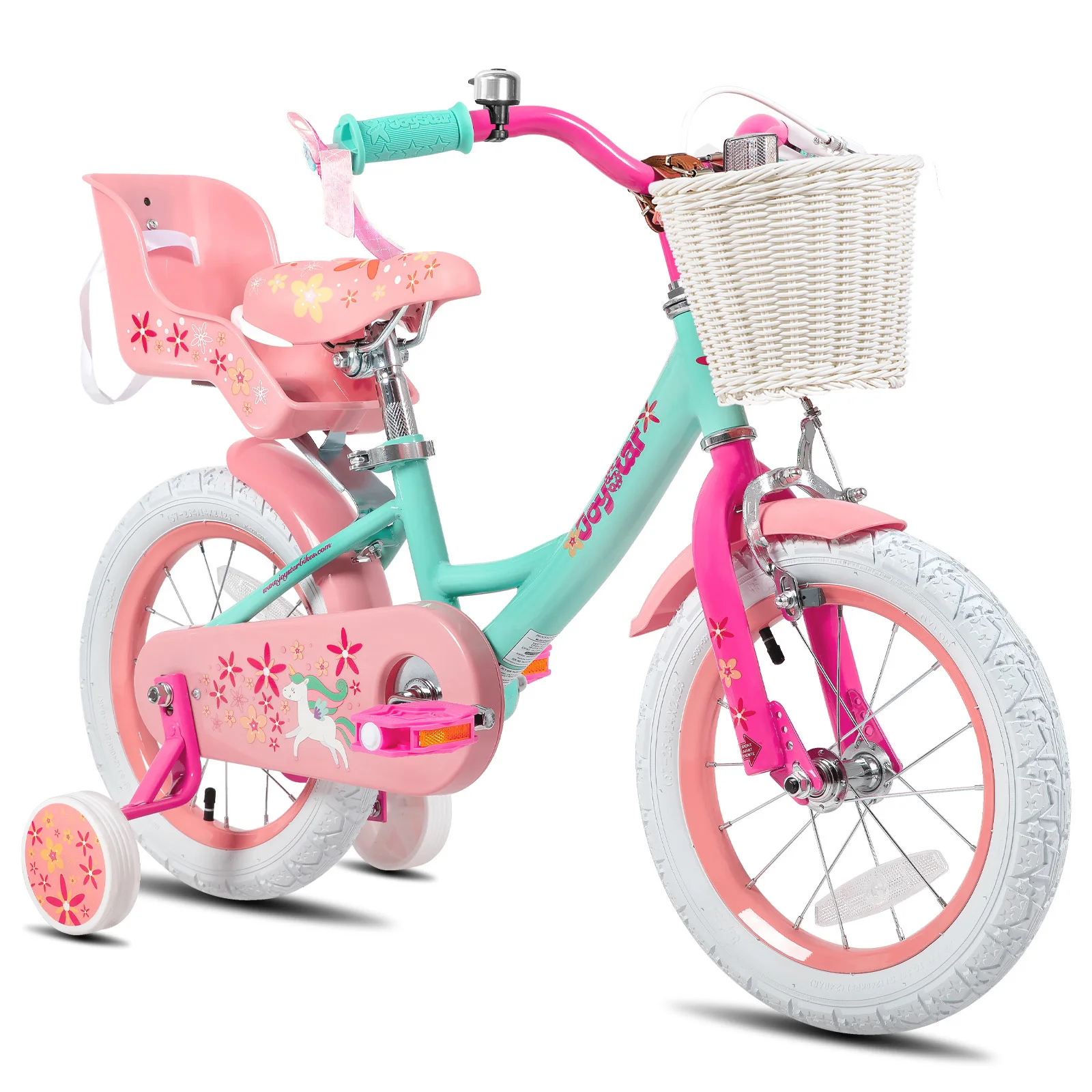 JOYSTAR Kids Bike for Girls Age 2-9 Years, 12 14 16 18 Inch Kids Bike with Training Wheels, Doll Seat, Streamers, Basket, Green