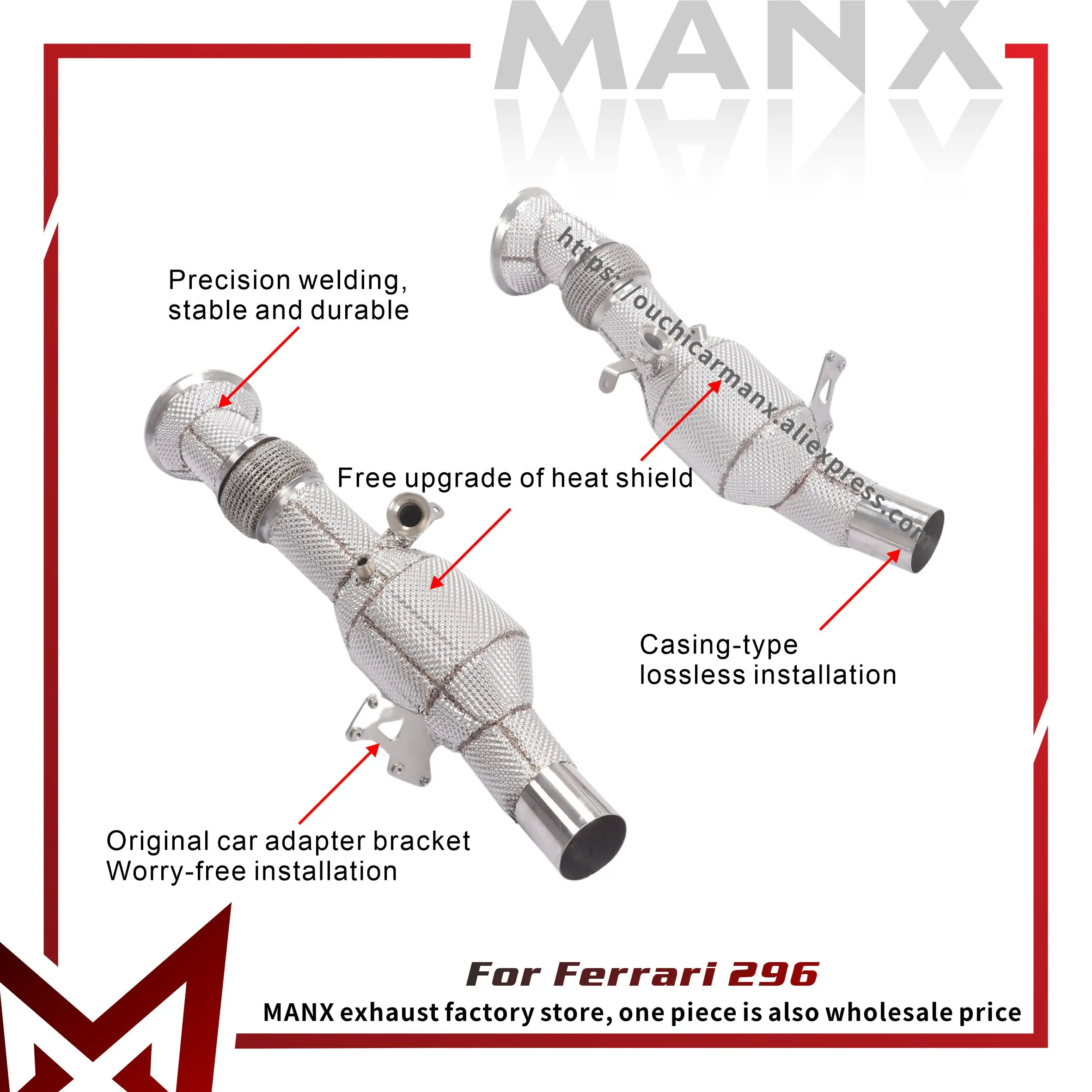 

MANX Exhaust Downpipe for Ferrari 296 SS304 Support customization TIG manual welding Catalytic Converter With heat shield