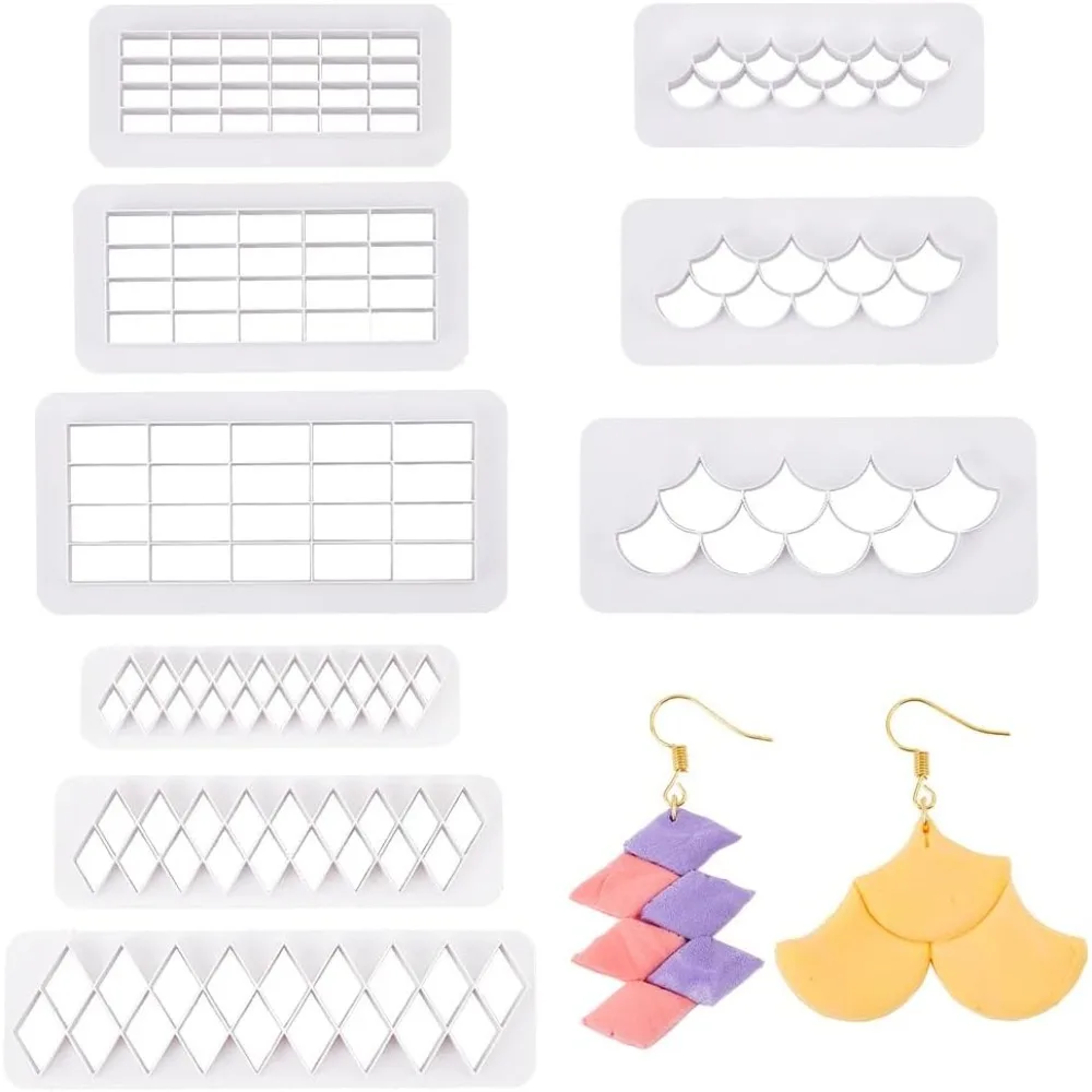 

9Pcs 3 Styles Clay Earring Cutters Plastic Clay Cutters White Rhombus Fish Scale Rectangular Cutting Moulds Checker Board
