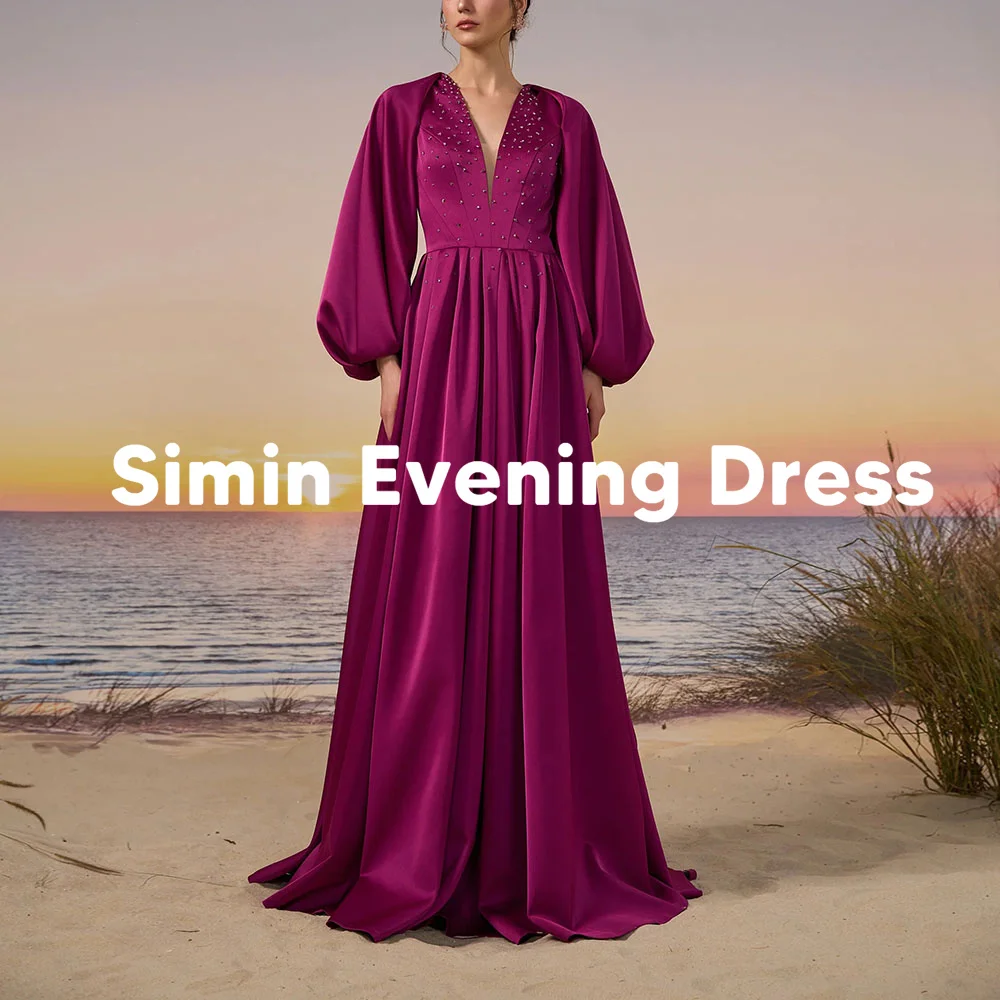 

Simin Women's Customized V-neck Beaded A Line Evening Dresses With Long Sleeves Floor-Length Formal Elegant Party Dresses 2025