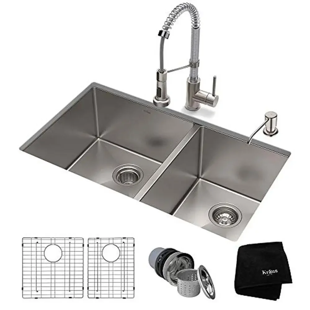 16-Gauge Undermount Double Bowl Stainless Steel Kitchen Sink Heavy-Duty 33-Inch Sink Easy Drainage Scratch-Resistant Finish