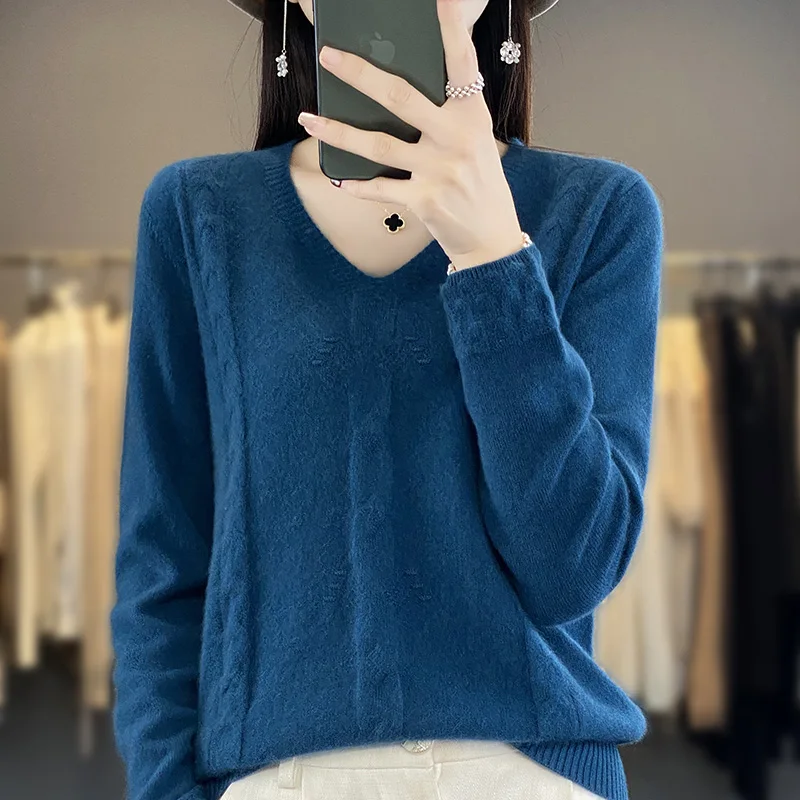 Autumn Winter New Pure Wool Sweater Woman V-neck Twisted Jacquard Pullover Casual Knitted Basis Top Cashmere Female Knitwear