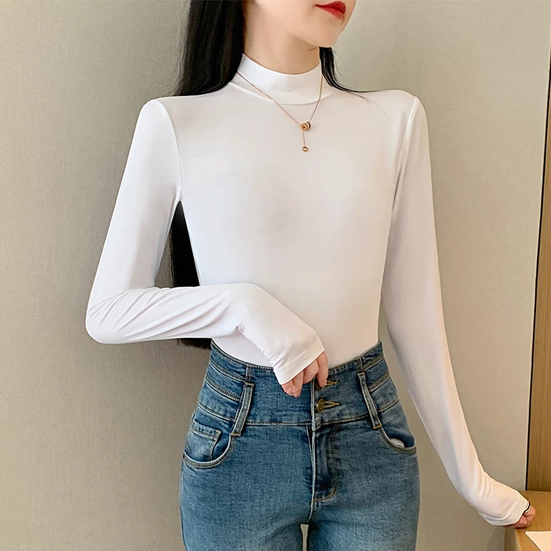 Women's Solid Color Turtleneck Long Sleeve Shirt - Slim Fit Casual Essential