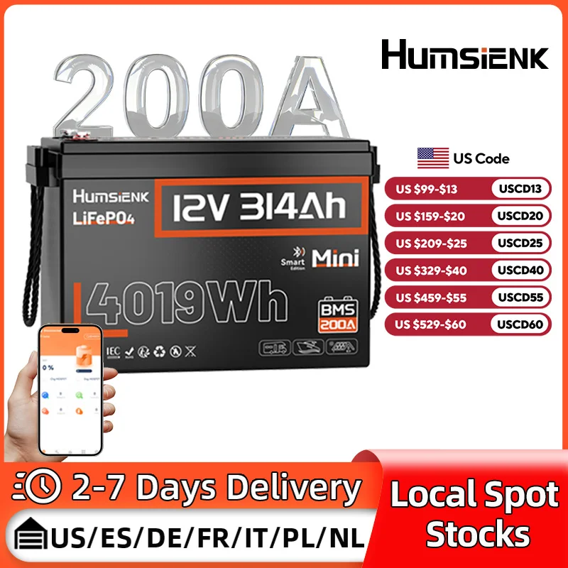 

Humsienk Bluetooth LiFePO4 Батарея 12 В 314 Ач с 200 А BMS A + ячейки 15000 циклов Монитор в реальном времени для улицы/бытового использования