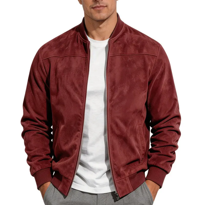 Herren-Bomberjacke aus Kunstwildleder mit Reißverschluss, Stehkragen, langen Ärmeln, lässige Oberbekleidung für Herbst und Winter. – Detail 4