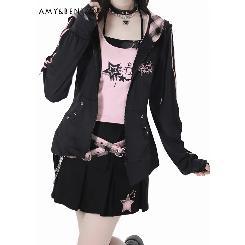 25COSSummer New Spice Girl Nero e Rosa Splicing Y2K Abiti Dolce Halter Slim Bretella Plaid Splicing Gonna a pieghe Due pezzi