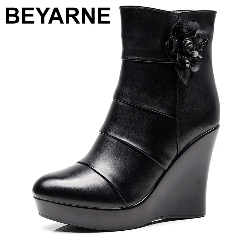 

8cm 10cm Small Size 33-41 Comfortable Black Floral Shoes Platform Wedges Boots Fall Winter High Heels Ankle Boots with Fur