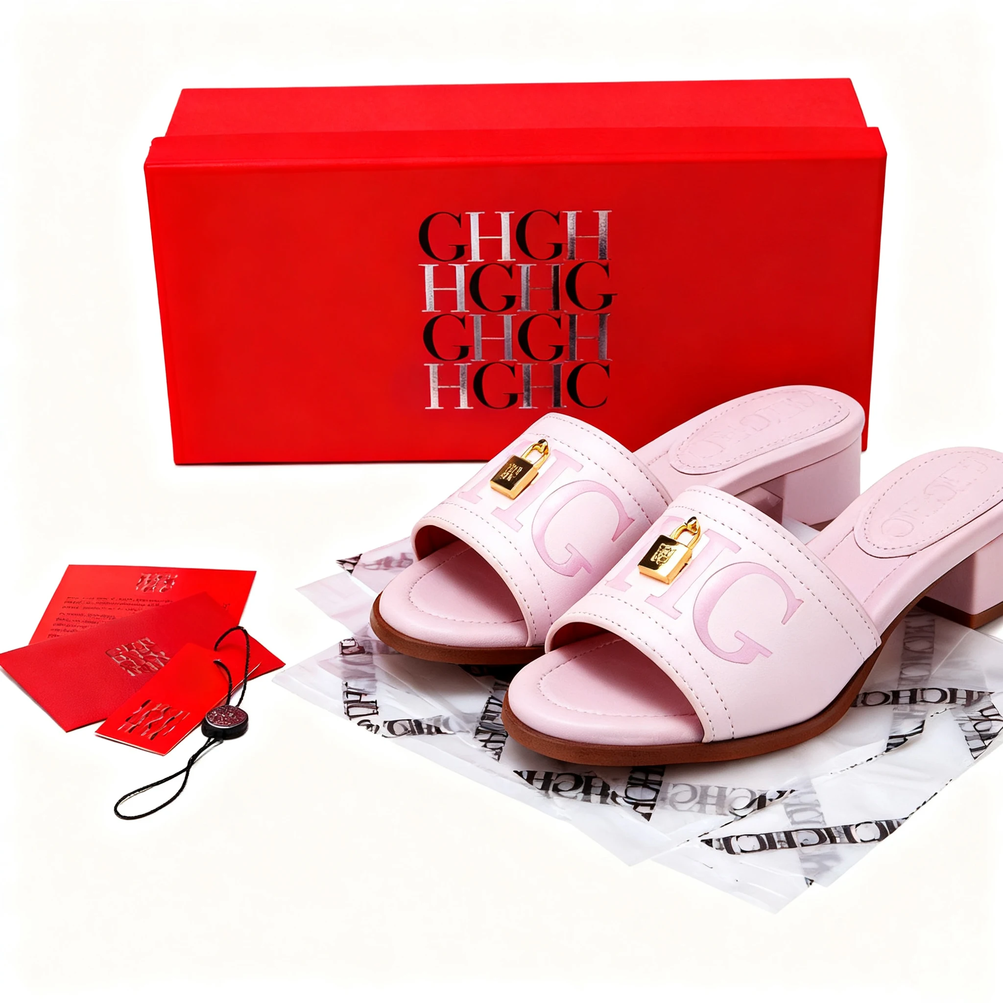 

Розовые сабо на каблуке 2024, открытый носок, с открытой пяткой, золотой замок, романтические ночные сандалии для свиданий для женщин, подарочный набор на день Святого Валентина, сладкий