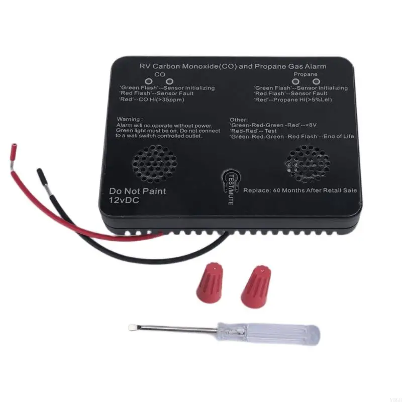 LPG Alarm Panel for Recreational Vehicles with Front Test/Silence Control, Metal Housing, Red and Black Cables, and 2 Side Y5GB