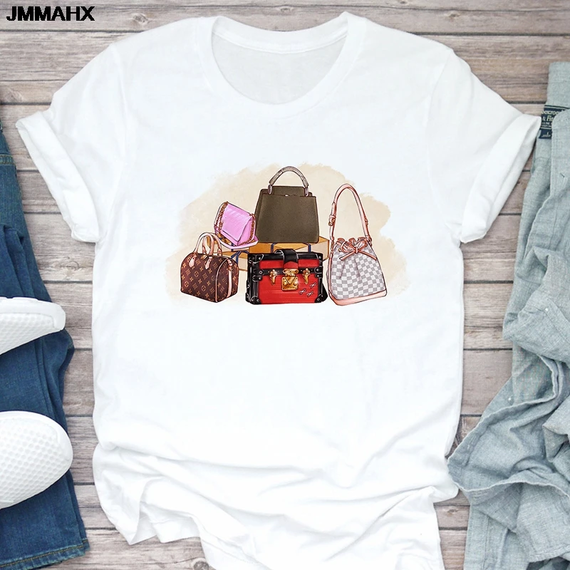 T-shirt da donna Summer Fashion Girl Bag T-shirt da donna stampata T-shirt bianca casual a maniche corte Abbigliamento femminile Top Tee