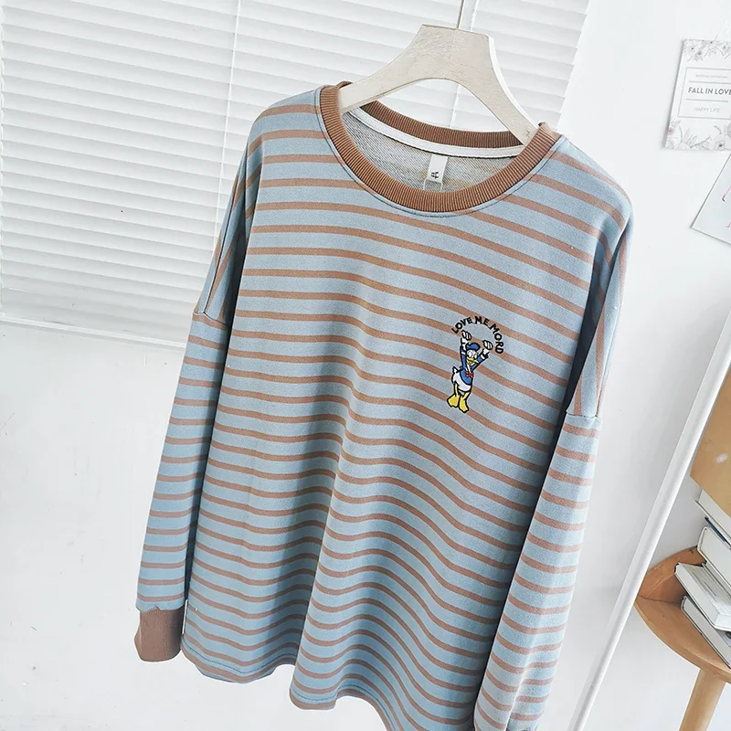  Women's Korean 2023 New Spring Autumn Front And Rear Embroidery Cartoon Brown Blue Stripes Sweatshirts Oversize Hoodie