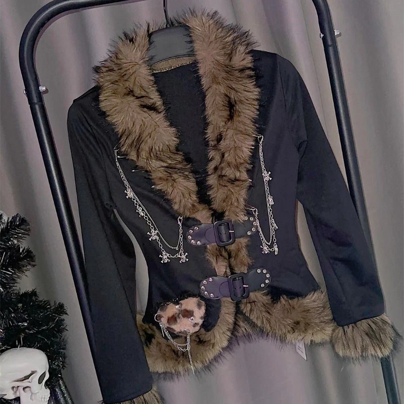 Damska kurtka w stylu gotyckim, punkowym, z imitacją futra, z serduszkiem i panterką, z łańcuszkiem, kardigan, nowy model na jesień i zimę.