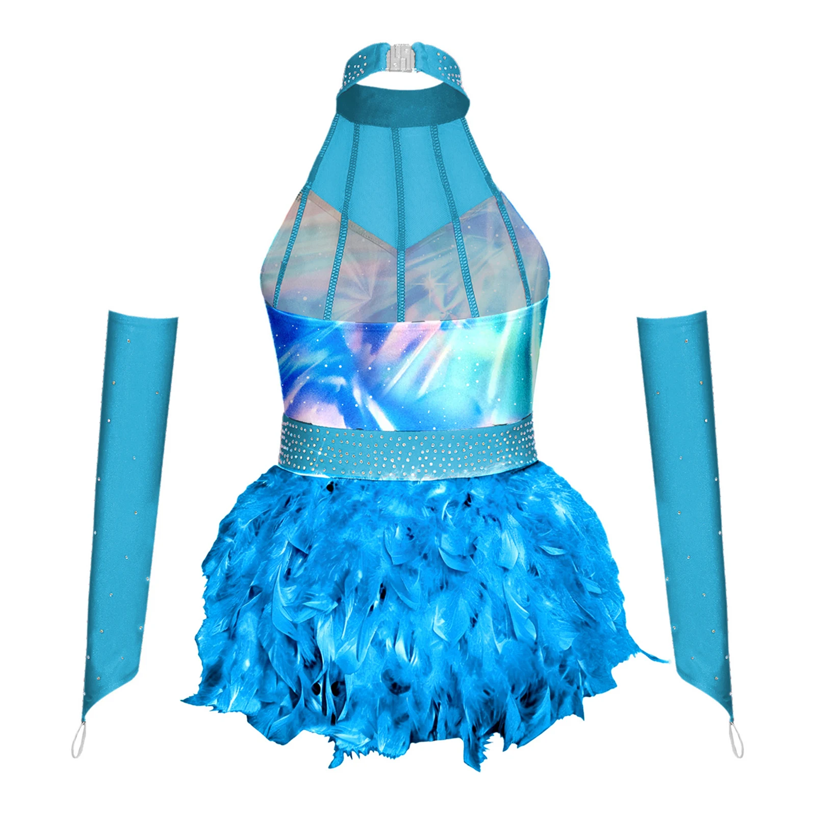 Kids Girls Faux Feather Jumpsuit Dress for Gymnastics Figure Skating Ballet Rhinestones Sleeveless Bodysuit with Oversleeves Set
